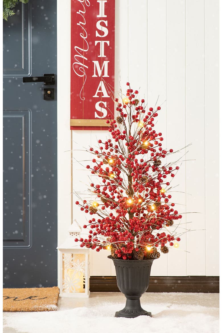 3FT Christmas Lighted Berry and Pine Cone Urn Porch Tree with Timer, Alternate, color, Red