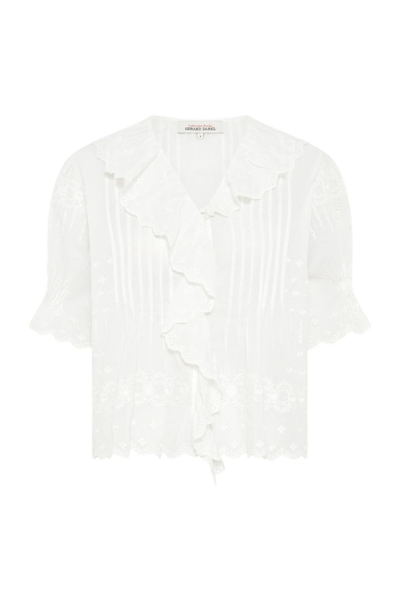 Ceylia Embroidered Ruffle Detail Shirt, Alternate, color, White