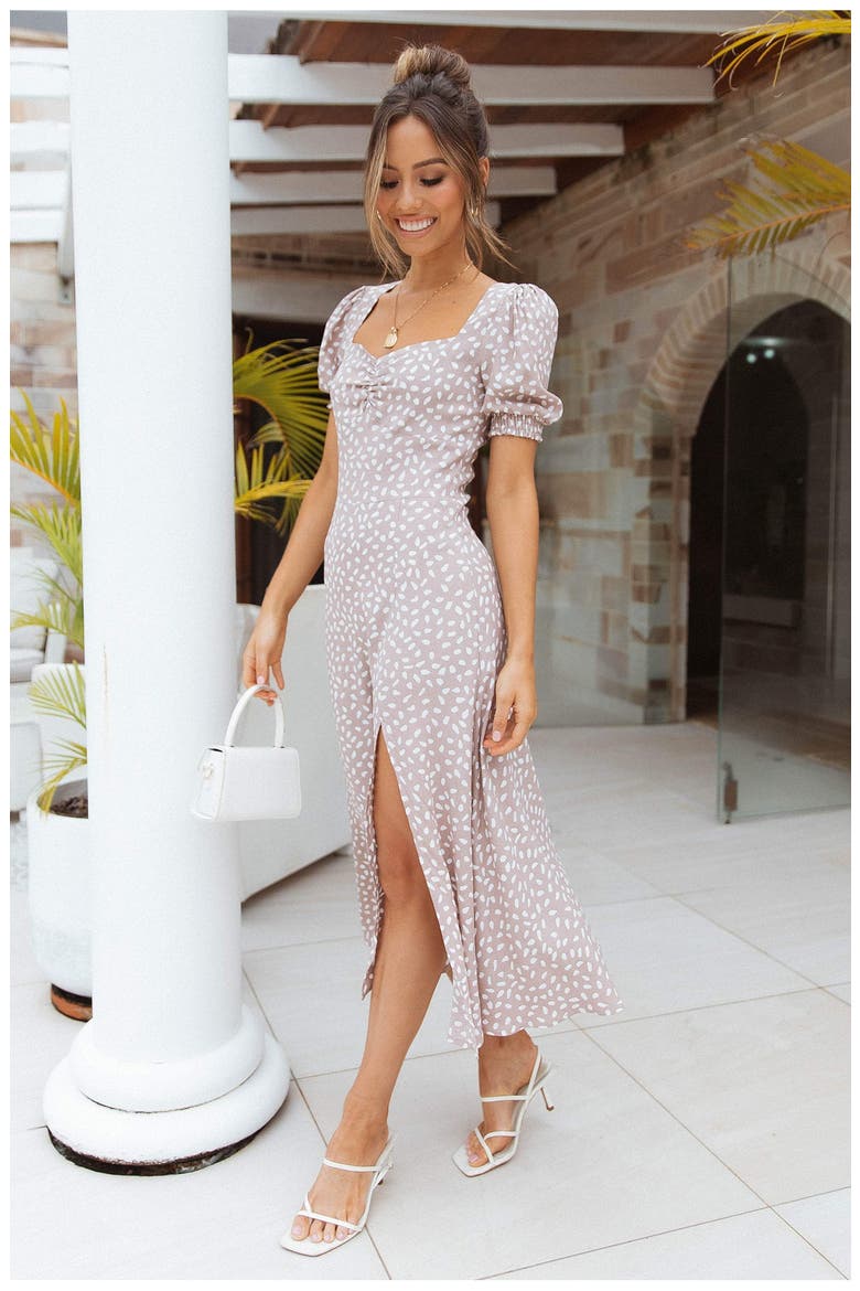 Franklin Print Puff Sleeve Midi Dress, Alternate, color, MOCHA
