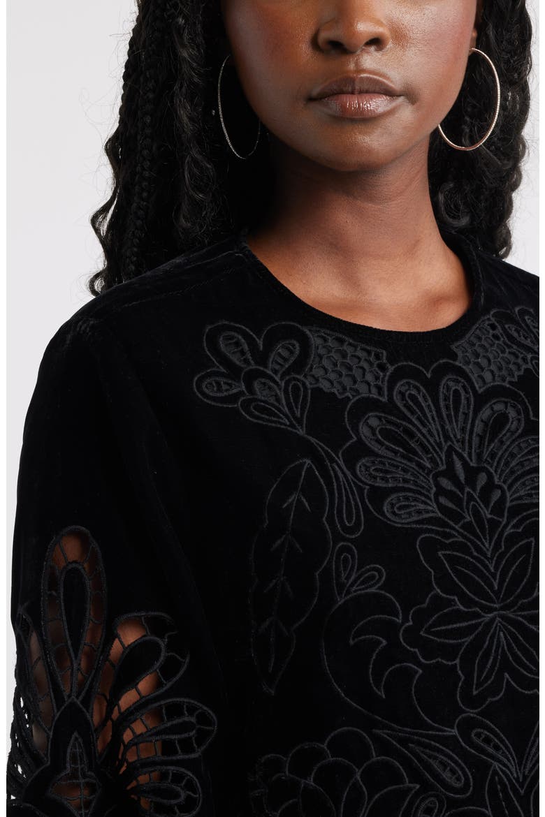 Velour Floral Cutwork Top, Alternate, color, BLACK