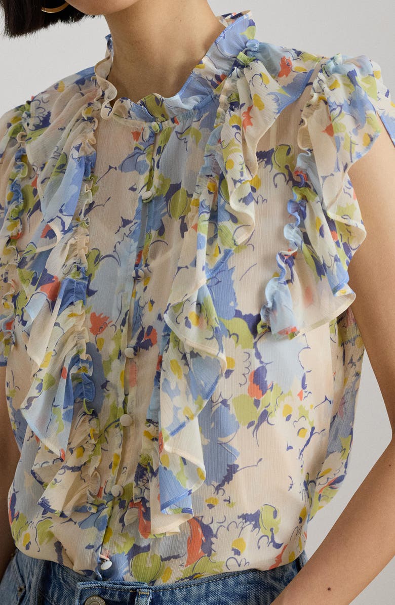 Lauren Ralph Lauren Floral Print Ruffle Trim Button-Up Top, Alternate, color, Blue Multi