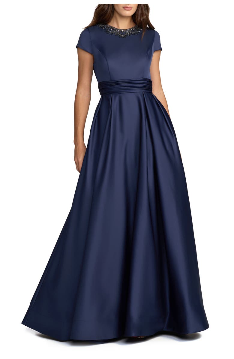 Mac Duggal Women's Embellished Satin Cap Sleeve Gown With Pockets, Main, color, Midnight
