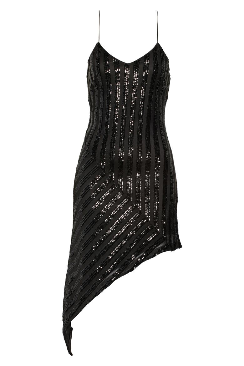 Sequin Stripe Asymmetrical Cocktail Dress, Alternate, color, BLACK
