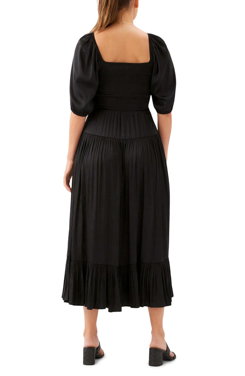 Karen Kane Smocked Puff Sleeve Midi Dress, Alternate, color, Black