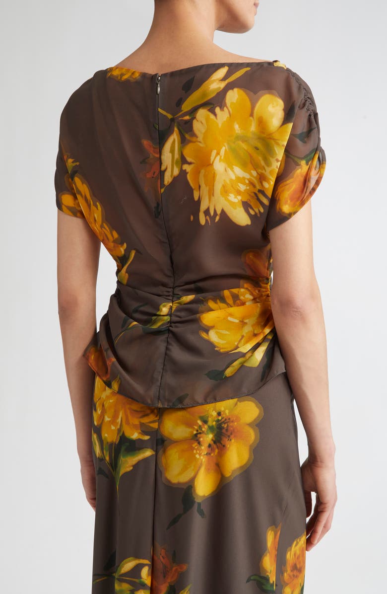 Lela Rose Floral Shirred Cap Sleeve Chiffon Top, Alternate, color, Chocolate Multi