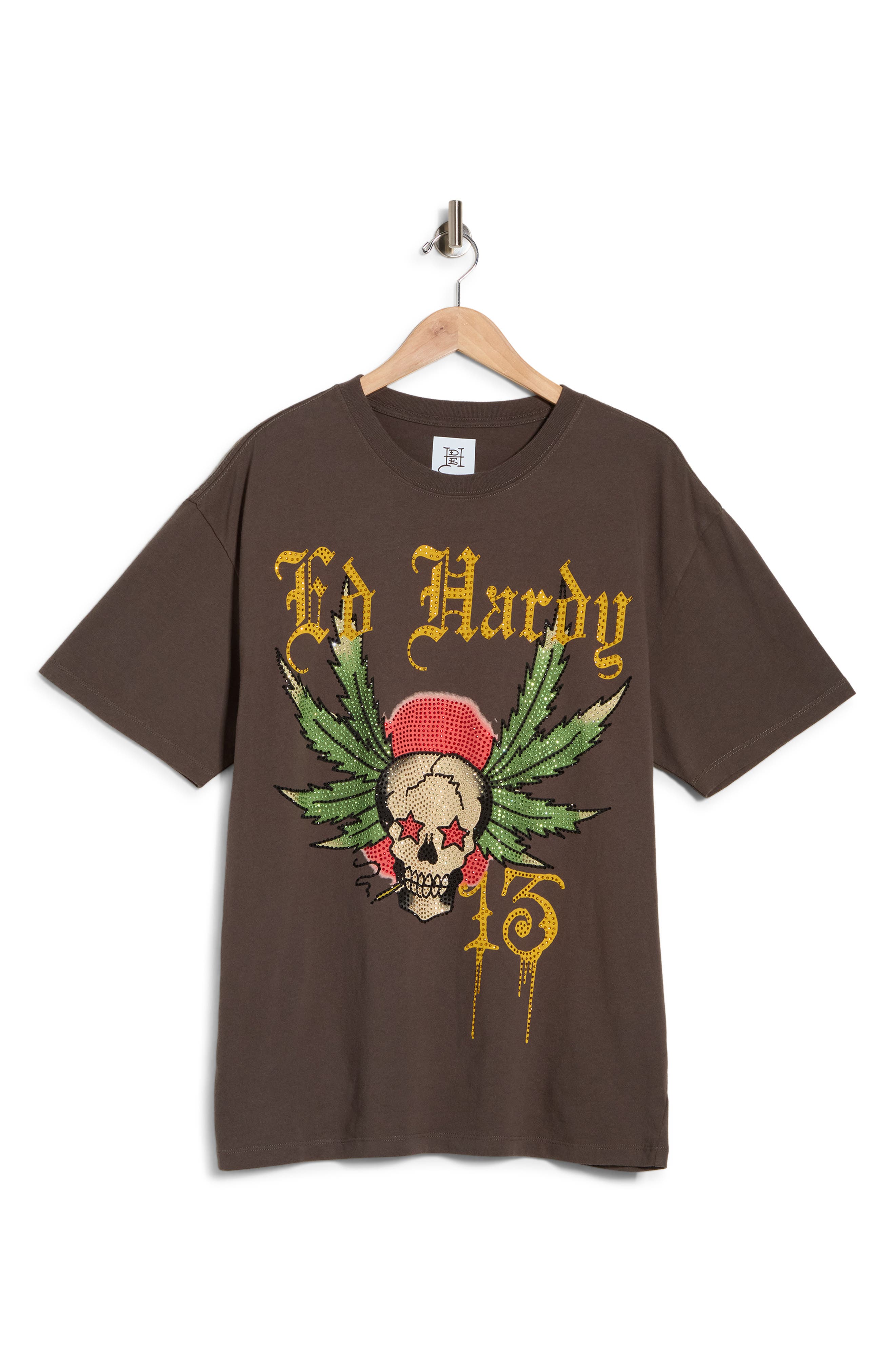 Ed Hardy Rhinestone 13 Skull Boxy Graphic T-Shirt