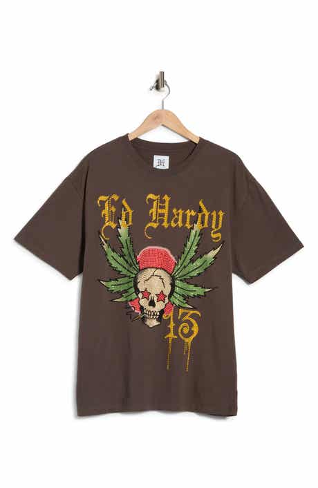 Ed Hardy Rhinestone 13 Skull Boxy Graphic T-Shirt