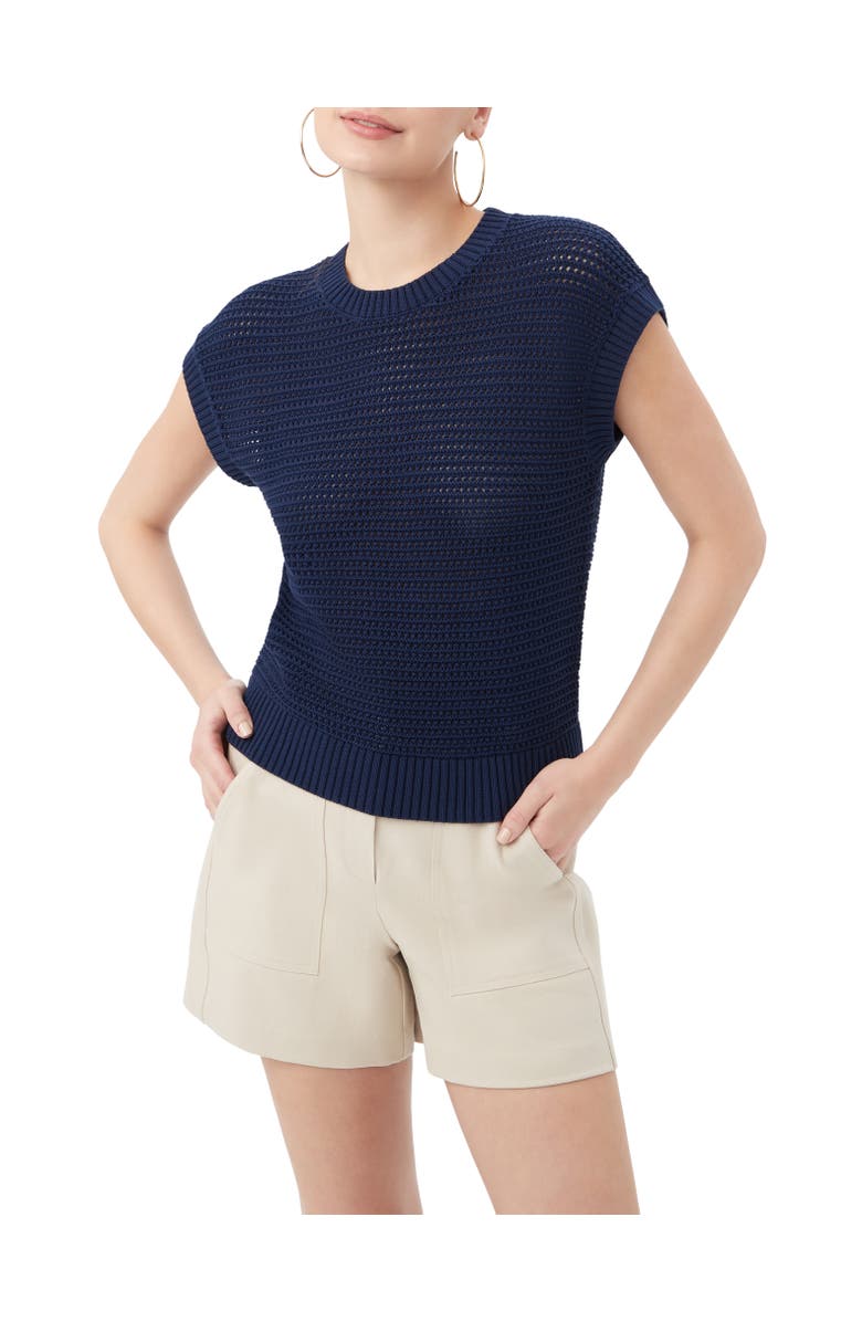 Trina Turk Yuri Open Knit Short Sleeve Pullover, Main, color, Sumi Blue