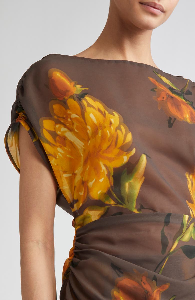 Lela Rose Floral Shirred Cap Sleeve Chiffon Top, Alternate, color, Chocolate Multi