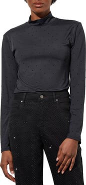 Ming Wang Crystal Detail Mock Neck Top