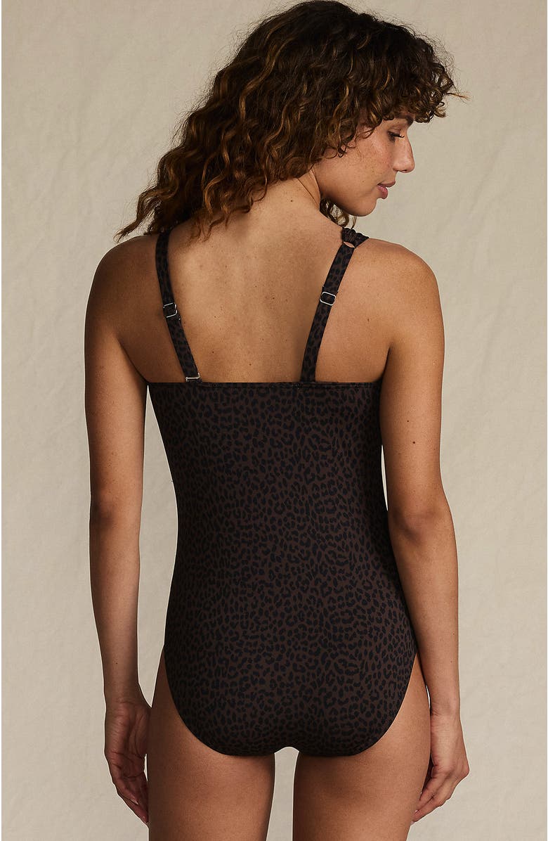 Lands' End Womens Chlorine Resistant Shirred One Shoulder One Piece Swimsuit Removable Adjustable Strap, Alternate, color, Brown Leopard