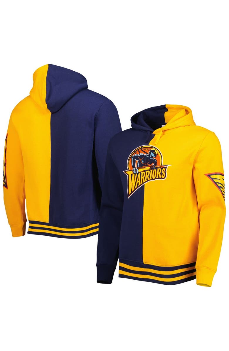 Mitchell & Ness Men's Mitchell & Ness Navy/Gold Golden State Warriors Hardwood Classics Split Pullover Hoodie, Main, color, 