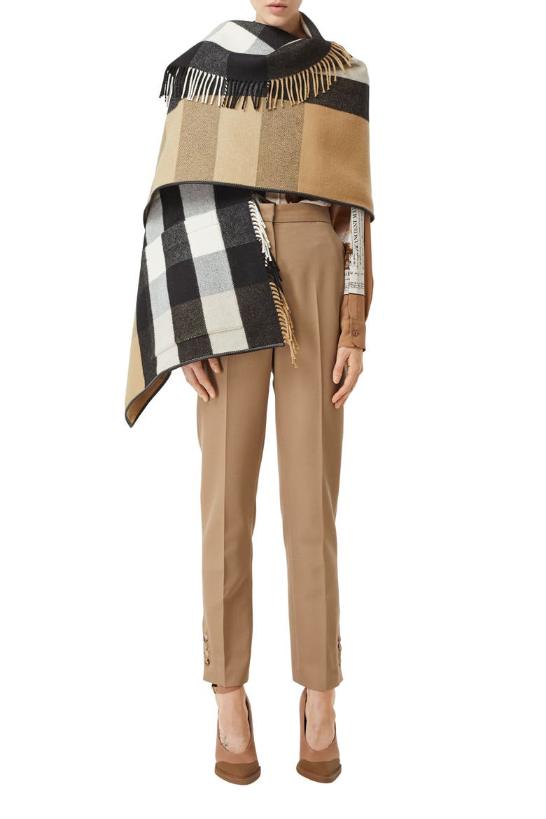 Check Fringe Wool & Cashmere Cape, Alternate, color, ARCHIVE BEIGE