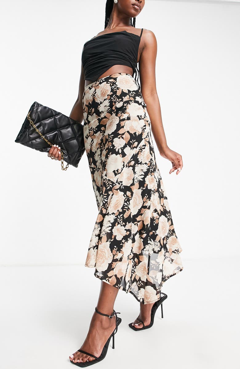 ASOS DESIGN Floral Print Asymmetric Midi Skirt, Alternate, color, 