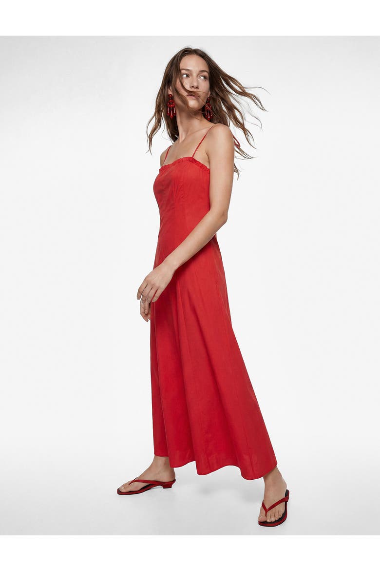 Cotton Slim Fit Ruffle Detail Strapy Midi Dress, Alternate, color, RED