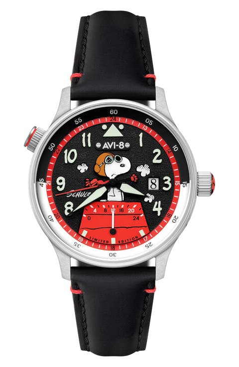 x Peanuts™ Hawker Hurricane McKellar Snoopy Flying Ace Dual Time Leather Strap Watch, 43.5mm