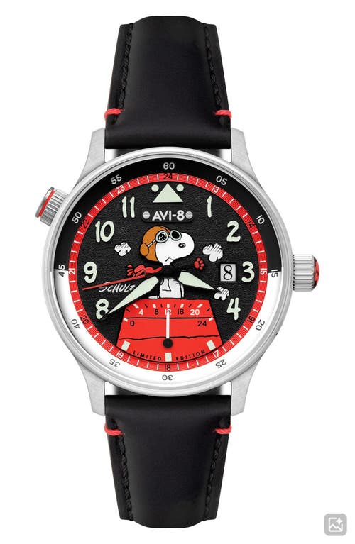 Avi-8 X Peanuts™ Hawker Hurricane Mckellar Snoopy Flying Ace Dual Time Leather Strap Watch, 43.5mm In Black
