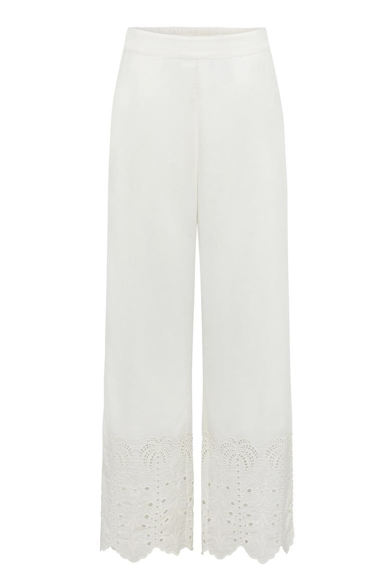 Palm Eyelet Hem Pants, Alternate, color, White