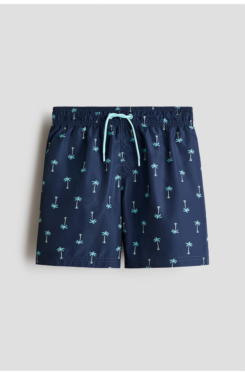 H&M Printed Swim Shorts, Main, color, Navy Blue/Palm Trees