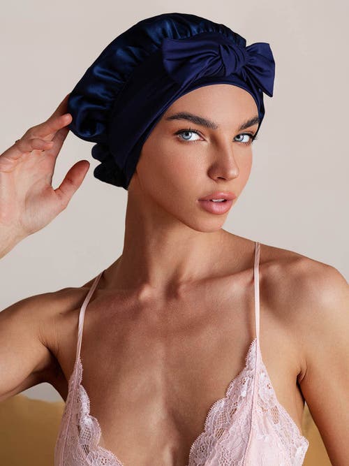 Silksilky Pure Silk Bowknot Tie Bonnet In Blue