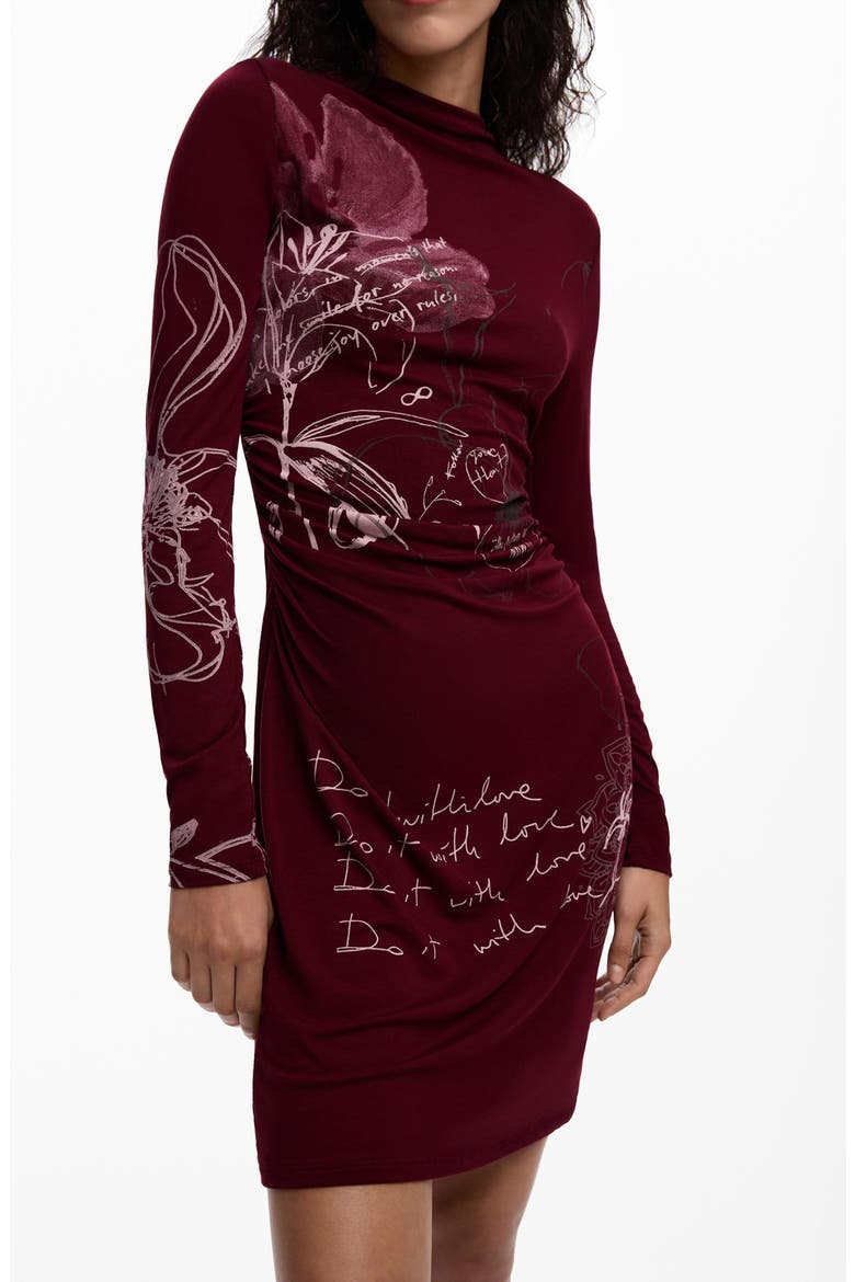 Allover Print Long Sleeve Minidress, Alternate, color, BURGUNDY