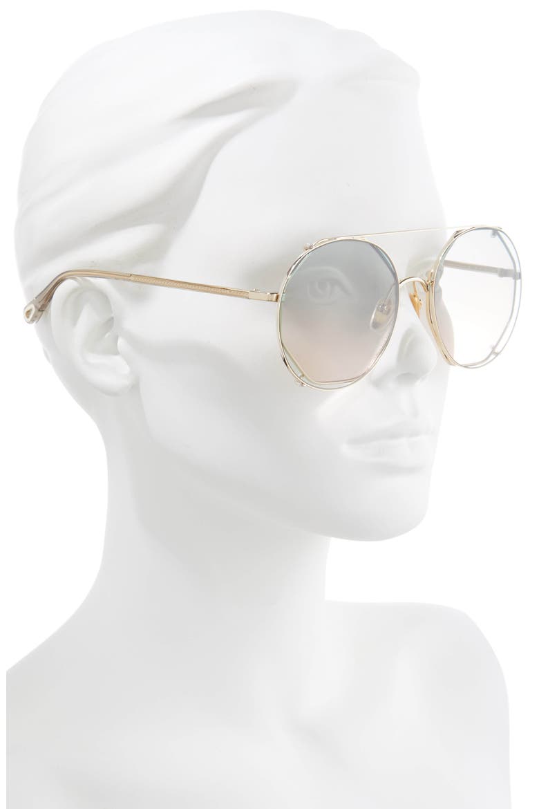 57mm Octagonal Sunglasses with Clip-On Aviator Lenses, Alternate, color, GOLD/ GREEN GRADIENT