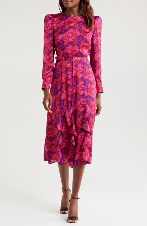 Tahari ASL Floral Ruffle Detail Long Sleeve Midi Dress in Violet Rose 