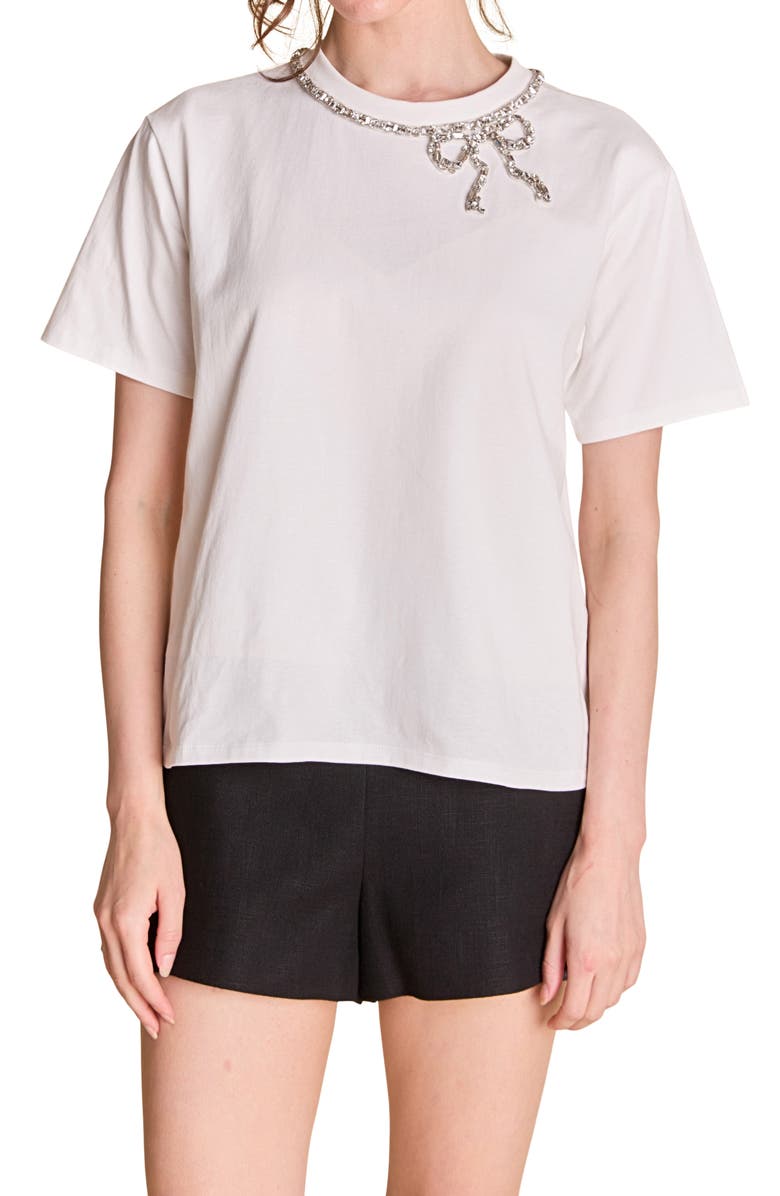 English Factory Rhinestone Bow Cotton T-Shirt, Alternate, color, White