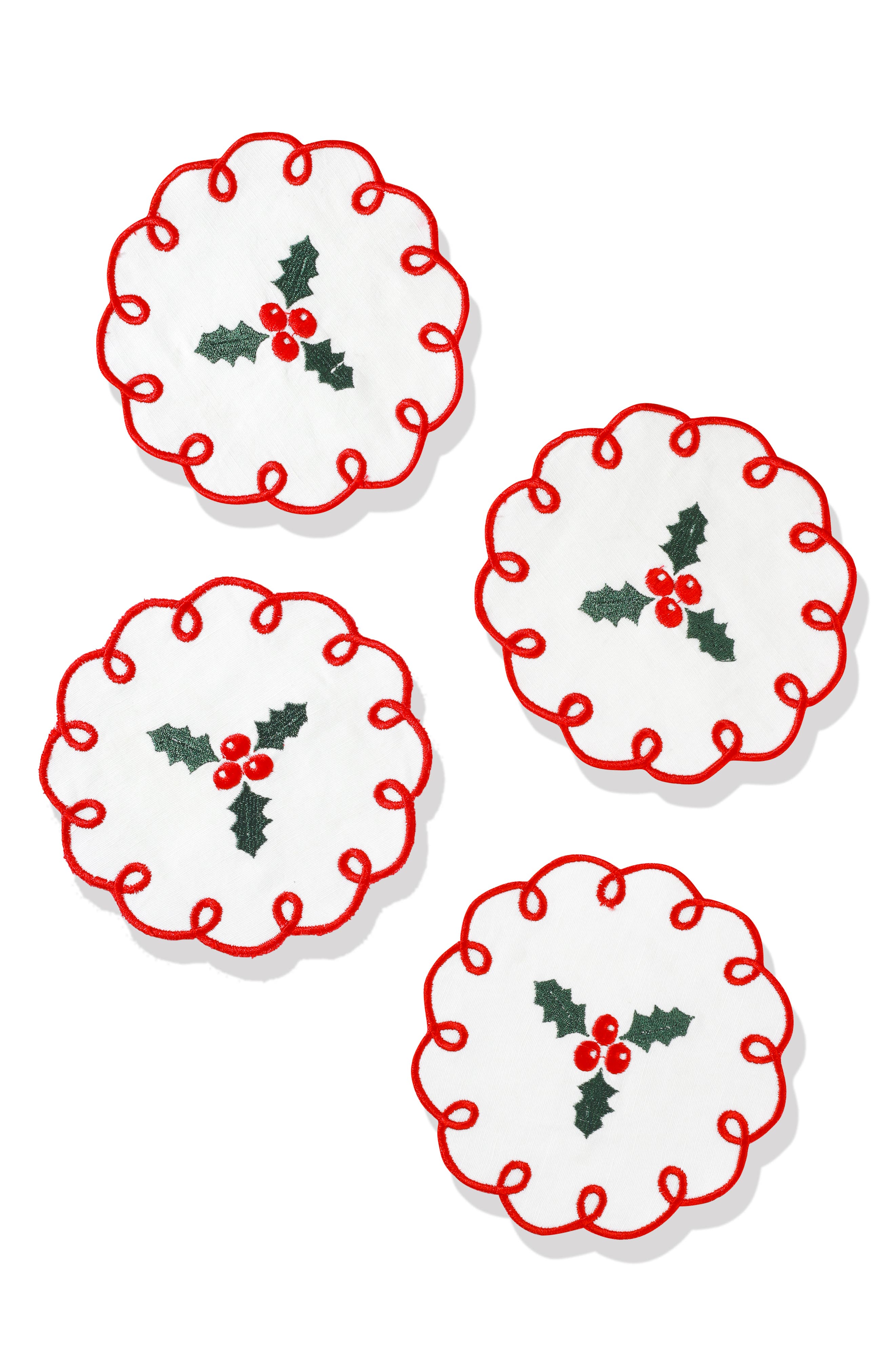 Tiramisu Set of 4 Embroidered Holly Berry Linen Napkins