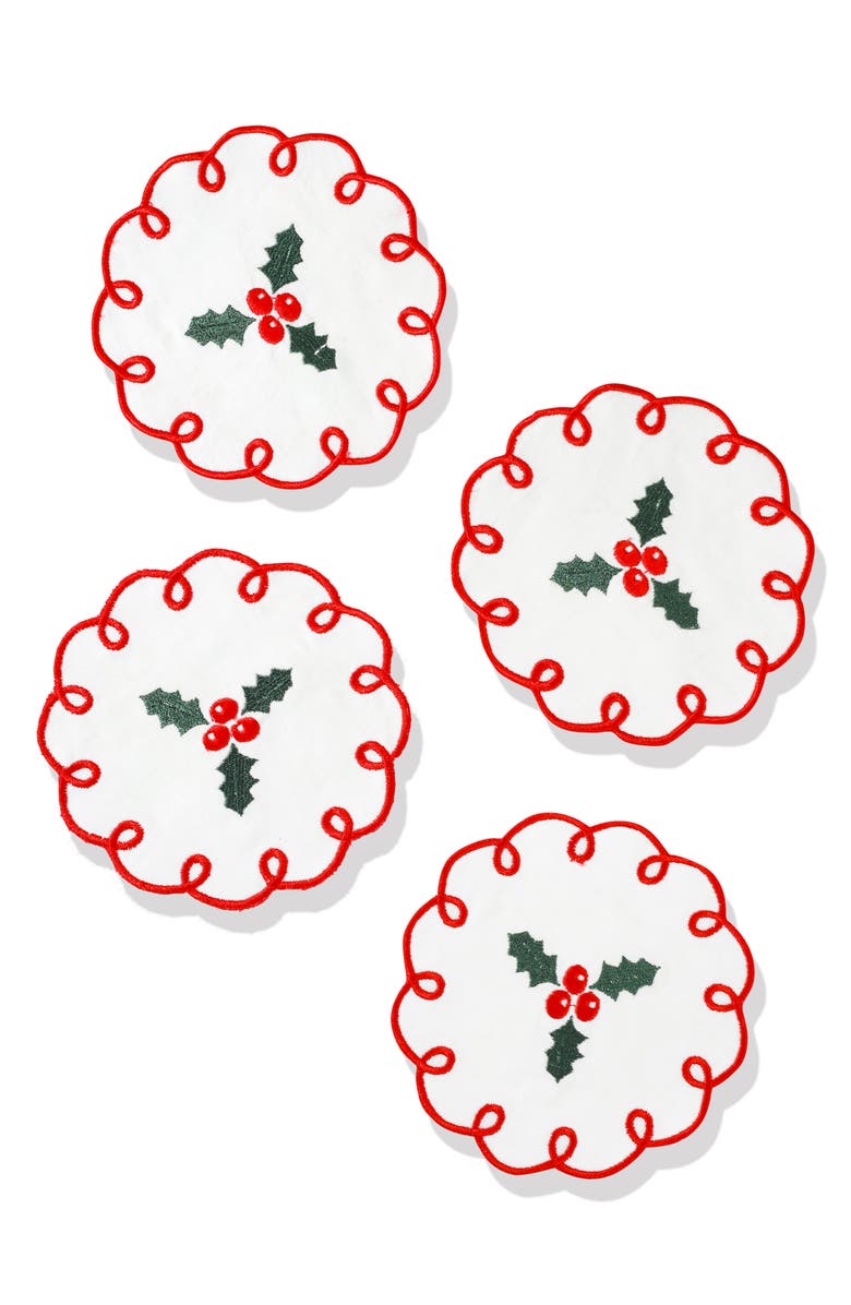 Tiramisu Set of 4 Embroidered Holly Berry Linen Napkins, Main, color, Red/ Green