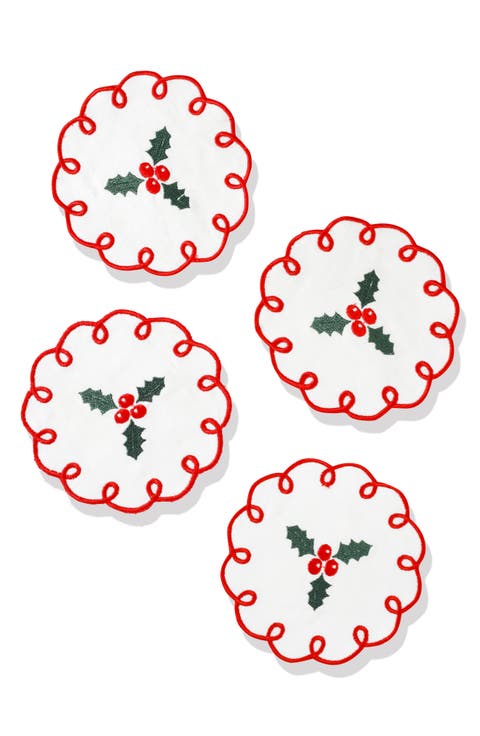 Set of 4 Embroidered Holly Berry Linen Napkins