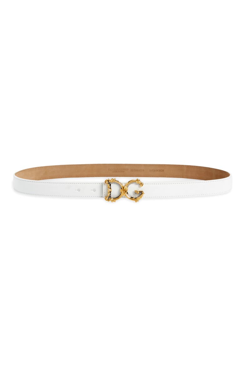 DG Baroque Buckle Leather Belt, Main, color, WHITE