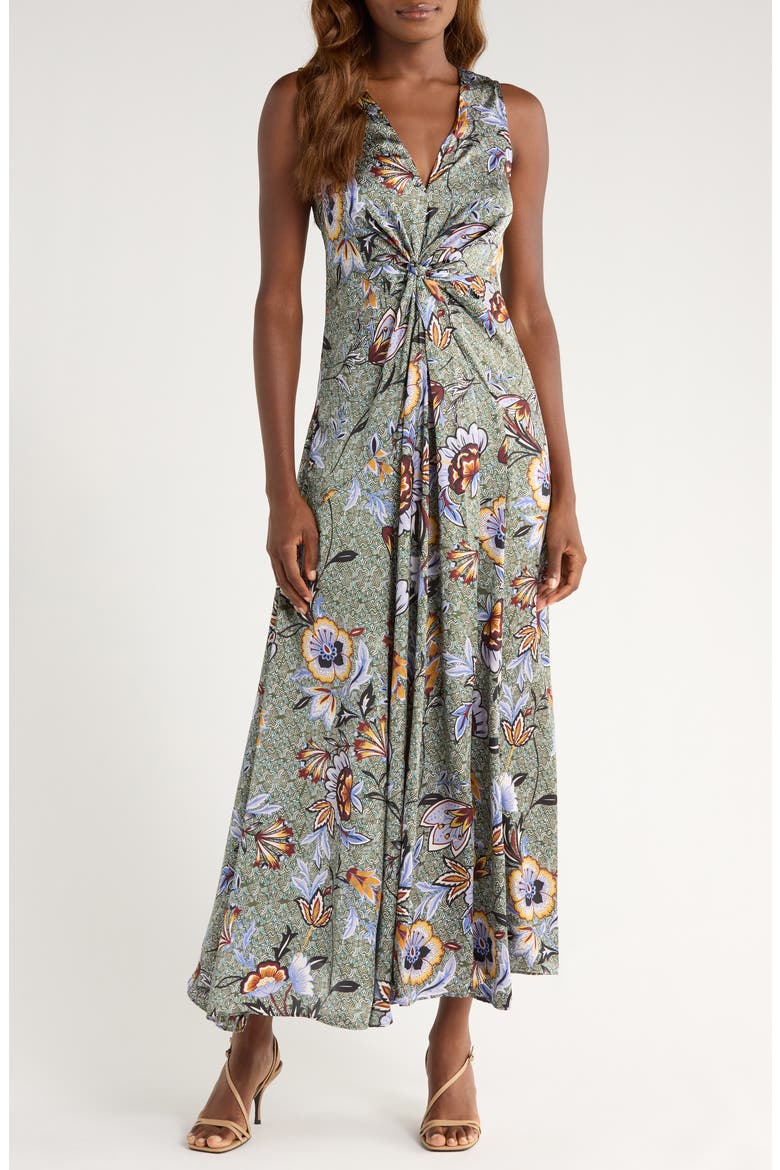 Knot Front Floral Print Sleeveless Dress, Main, color, GRAY VIOLET/ GREEN