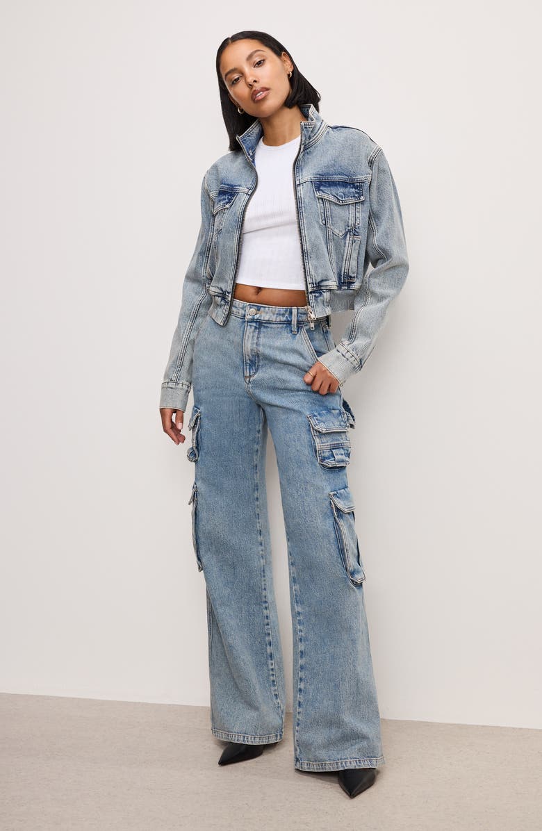 Good American Zip Crop Denim Jacket, Alternate, color, 