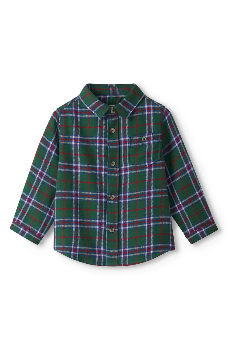 Hatley Holiday Plaid Cotton Flannel Button-Down Shirt, Main, color, Green