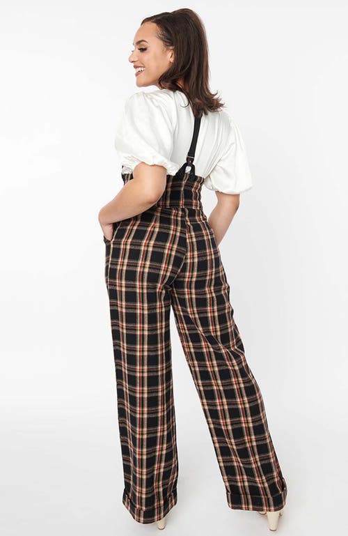 Shop Unique Vintage Thelma High Waist Suspender Pants In Black/cream/auburn Plaid