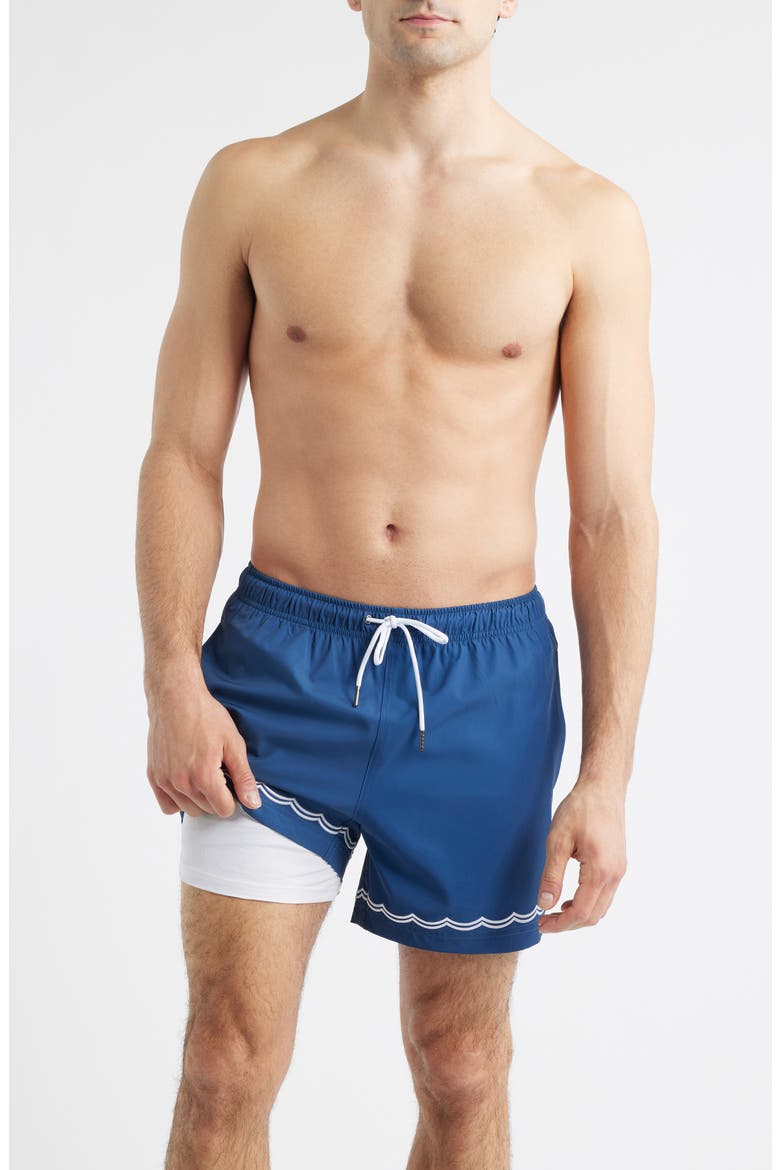 Blue Waves Embroidered Swim Trunks, Alternate, color, BLUE