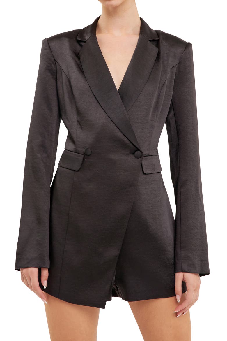Long Sleeve Satin Blazer Romper, Alternate, color, BLACK