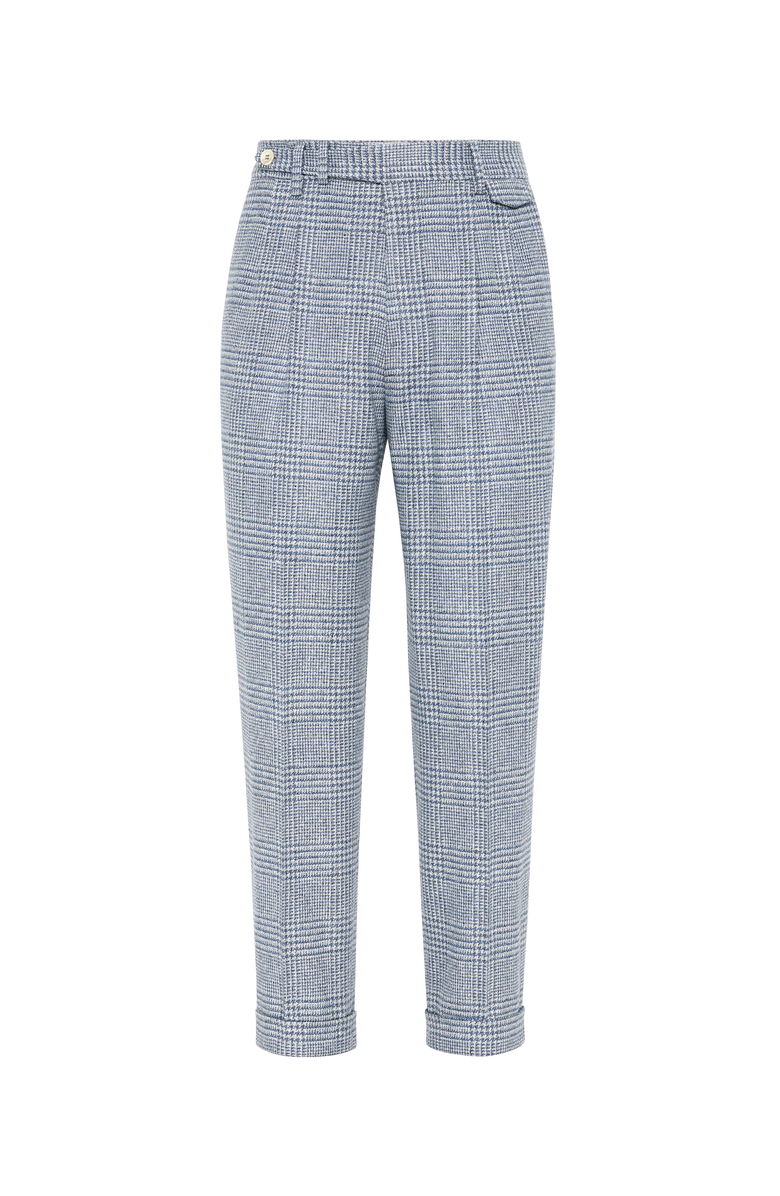Brunello Cucinelli Comfort wool, silk and cashmere Prince of Wales leisure fit trousers with double pleats and tabbed waistband, Main, color, 