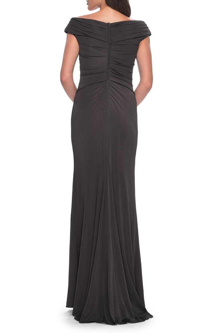 Long Luxurious Jersey Off the Shoulder Evening Gown, Alternate, color, Gunmetal