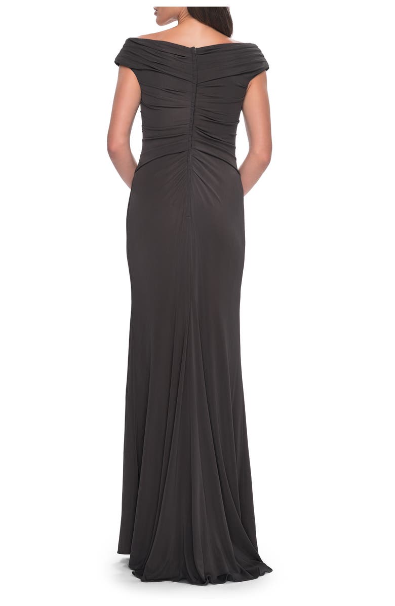 La Femme Long Luxurious Jersey Off the Shoulder Evening Gown, Alternate, color, Gunmetal