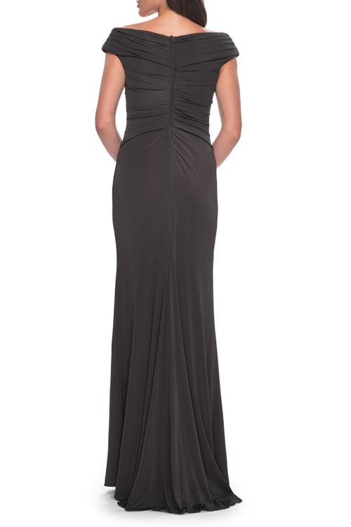 La Femme Long Luxurious Jersey Off The Shoulder Evening Gown In Gunmetal