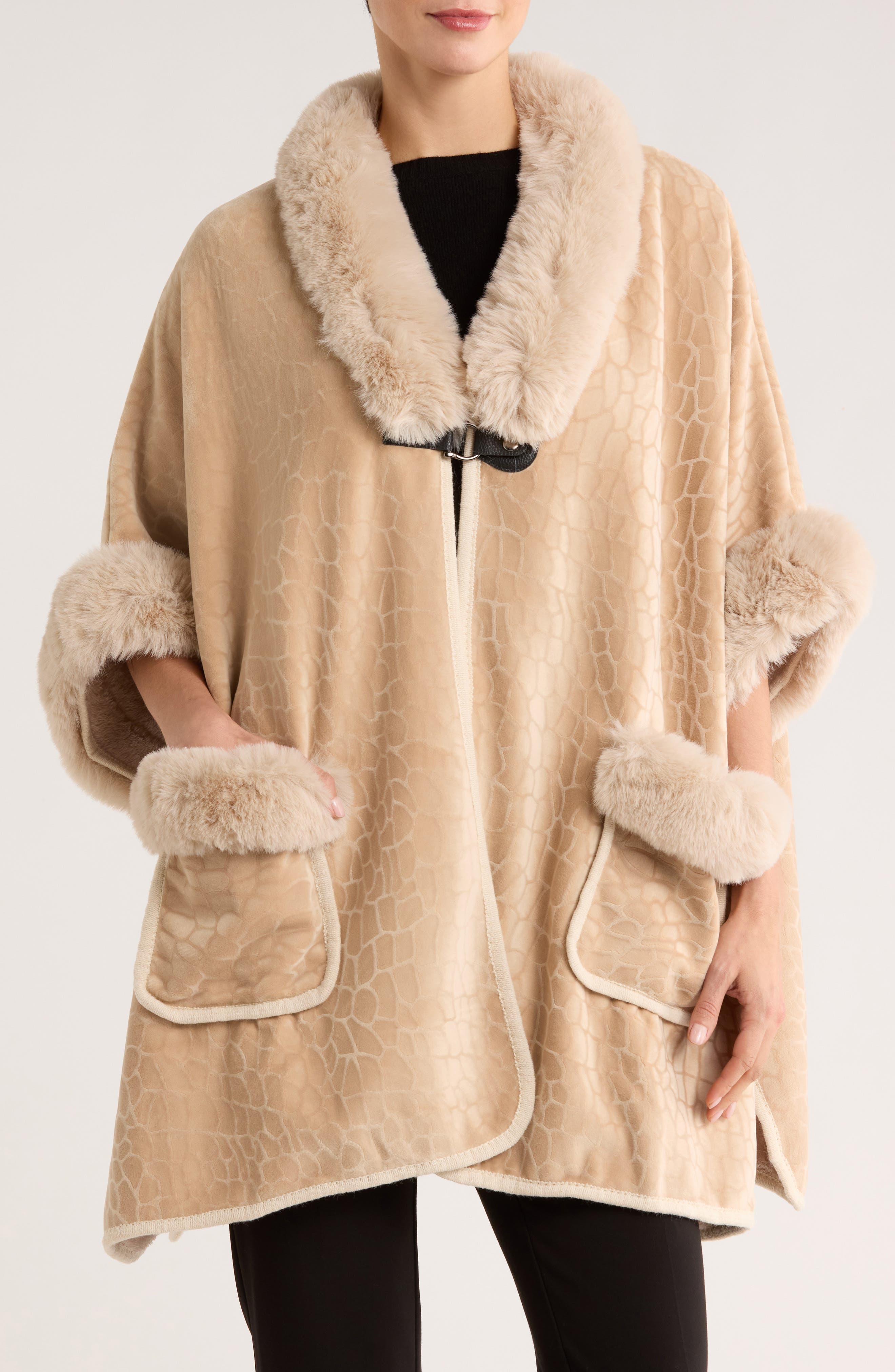 PATRIZIA LUCA Front Pocket Faux Fur Trim Cape