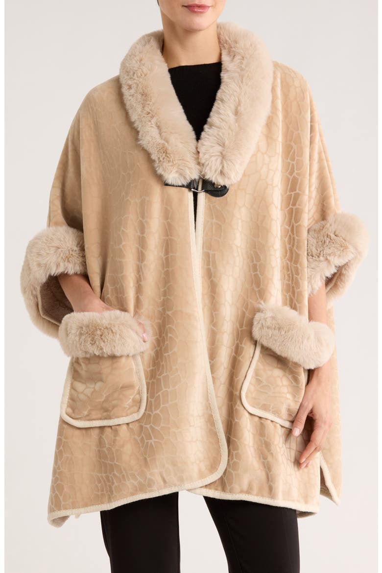 Front Pocket Faux Fur Trim Cape, Main, color, BEIGE