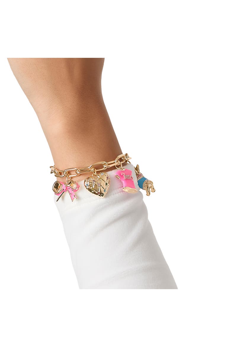 Pink and Gold Charm Bracelet with Bow, Dog, and Heart, 7.5'', Alternate, color, Gold Tone