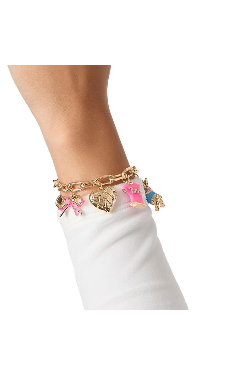 Juicy Couture Pink and Gold Charm Bracelet with Bow, Dog, and Heart, 7.5'', Alternate, color, Gold Tone