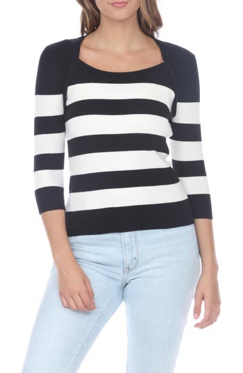 Rain And Rose Three Quarter Sleeve Sweater In Black Stripe
