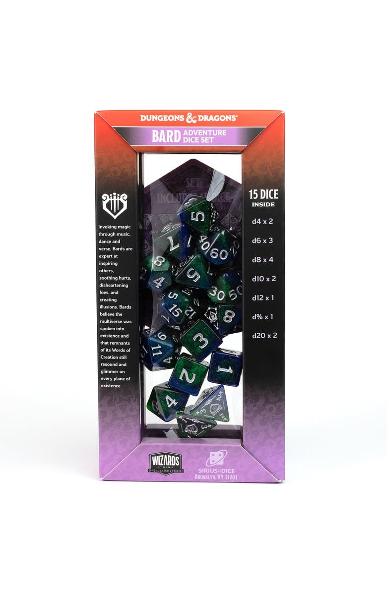 Dungeons & Dragons D&D Adventure Dice Bard Blue & Green, 15Pc Rpg Set, Alternate, color, Multicolored