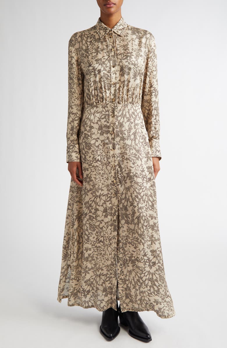Golden Goose Print Long Sleeve Satin Maxi Shirtdress, Main, color, Safari/ Black