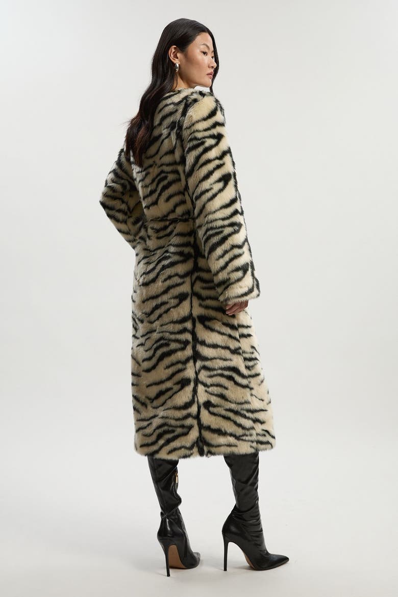 Faux Fur Collarless Tie Belted Midi Coat, Alternate, color, Mono